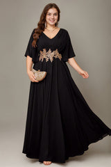 Curveins Plus Size Batwing Sleeve V Neck Gathered Waist Elegant Maxi Dress