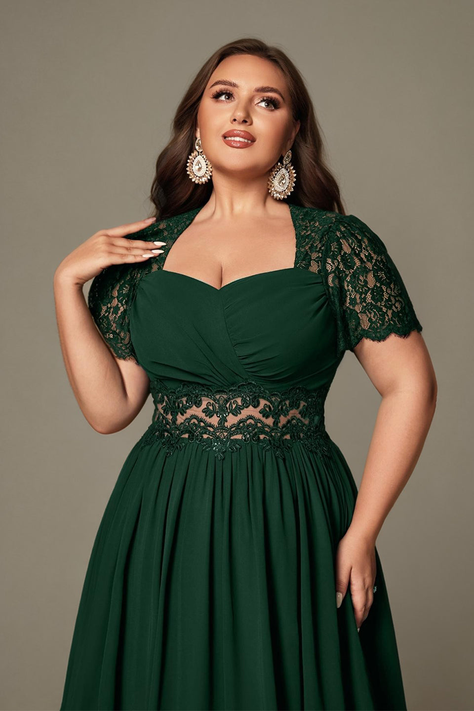 Curveins Plus Size Strapless Embroidered Short Sleeve Waist Cinch A-Line Maxi Dress