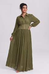 Curveins Plus Size Long Sleeve Polo Neck Button Pleated Waist Maxi Dress