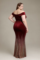 Curveins Plus Size Elegant Off-Shoulder Velvet Fishtail Long Dress