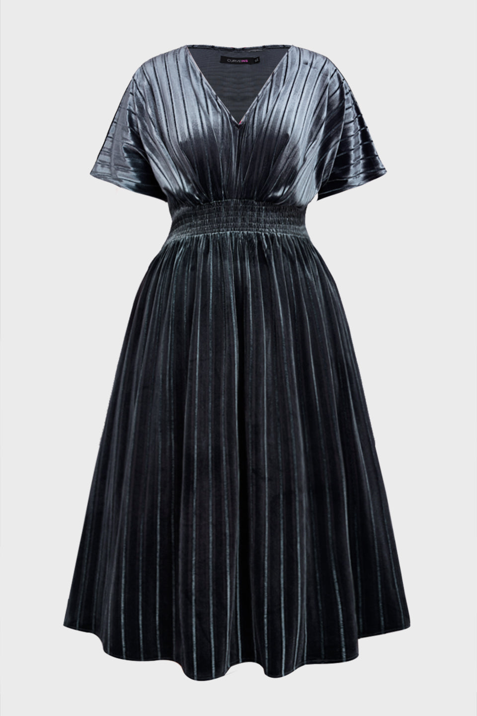 Curveins Plus Size V-Neck Batwing Sleeve Pleated A-Line Velvet Maxi Dress