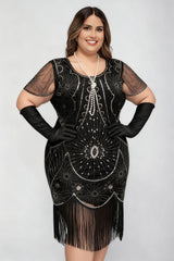 Curveins 1920s Black Daisy Plus Size Vintage Beaded Tassel Flapper Dress