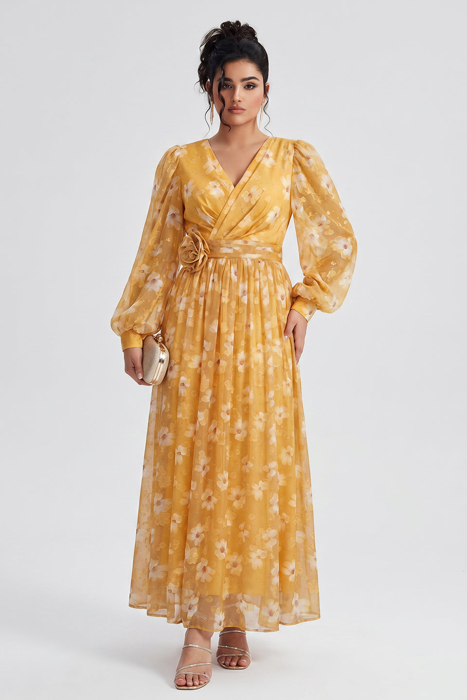 Curveins Plus Size V Neck Puff Sleeve Floral Print Ruched Waist Feminine Maxi Dress