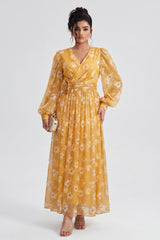 Curveins Plus Size V Neck Puff Sleeve Floral Print Ruched Waist Feminine Maxi Dress