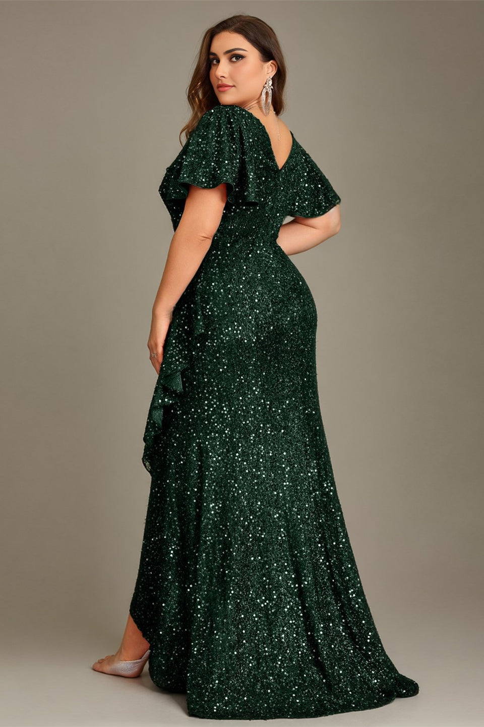 Curveins Plus Size V-Neck Short Sleeve Sequin Ruffle Slit Evening Gown