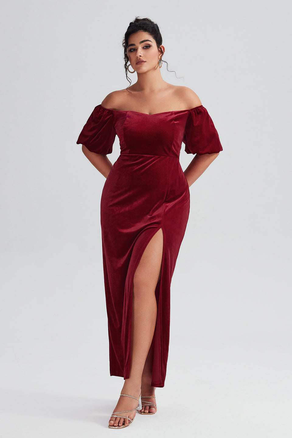 Curveins Plus Size Velvet V-Neck Elegant Maxi Dress