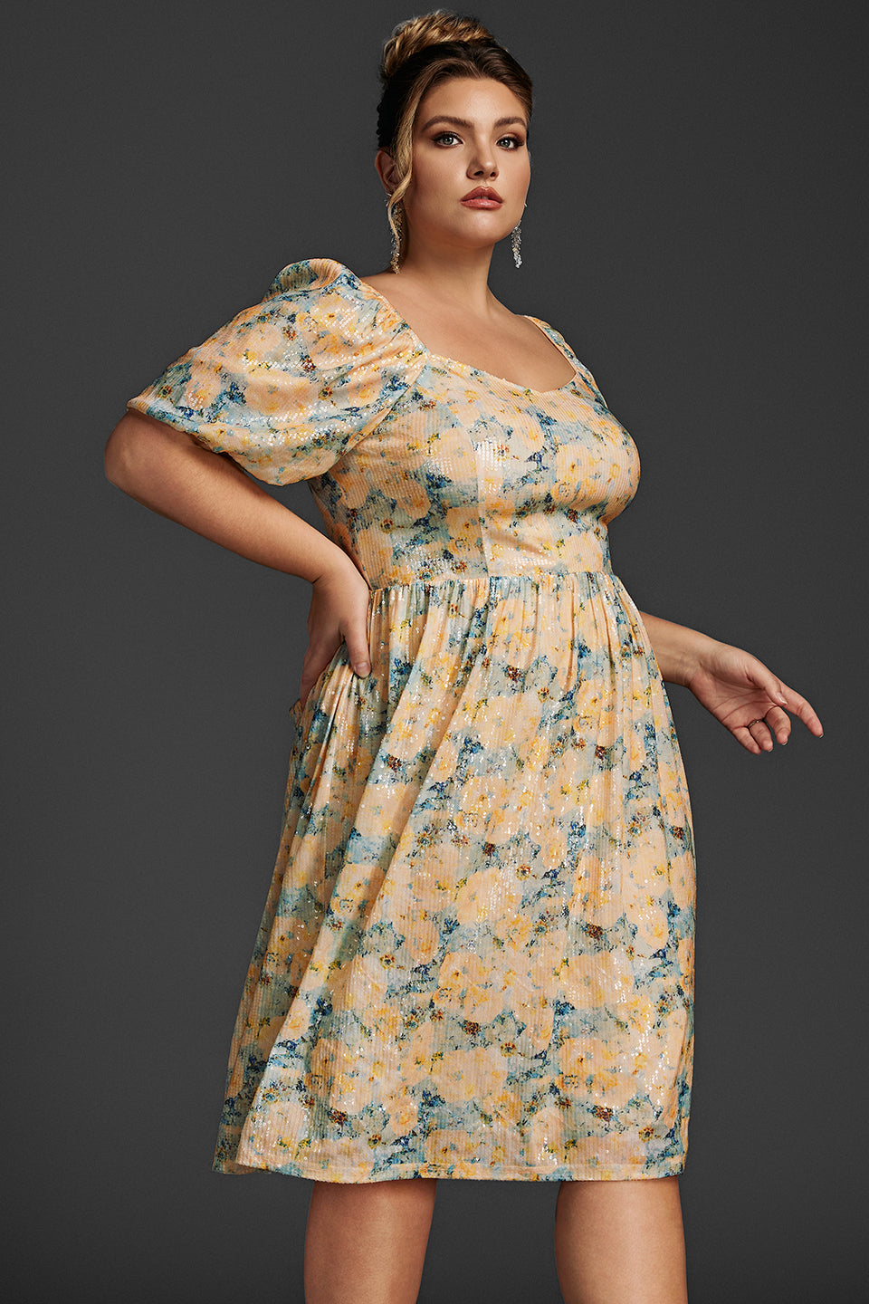 Curveins Plus Size Lantern Sleeve Floral Sequin Midi Dress