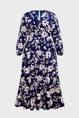 Curveins Plus Size V Neck Long Sleeve Printed Waist Defined Elegant Casual Maxi Dress