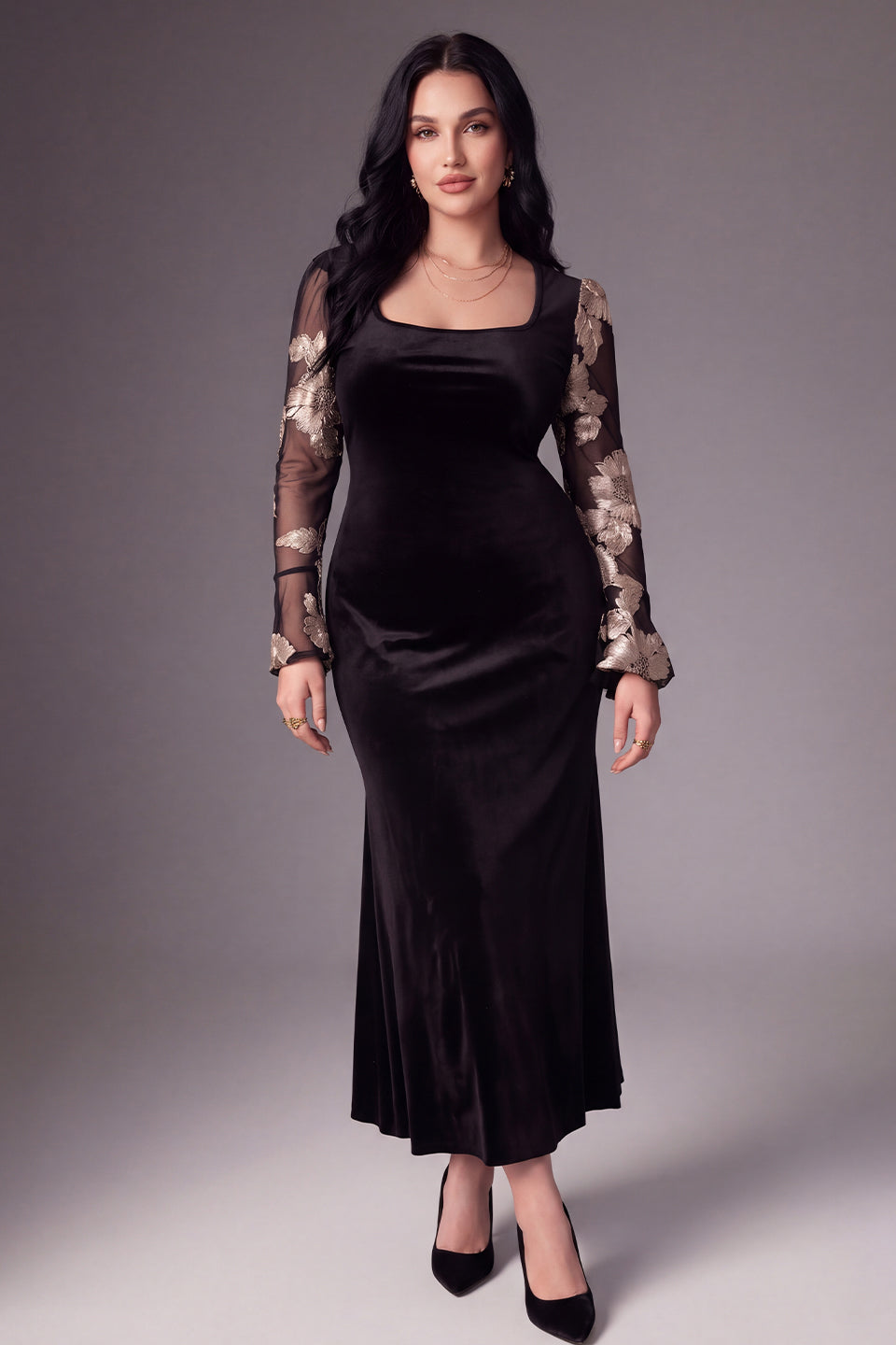 Curveins Plus Size Square Neck Metallic Velvet Mermaid Hem Glamorous Maxi Dress