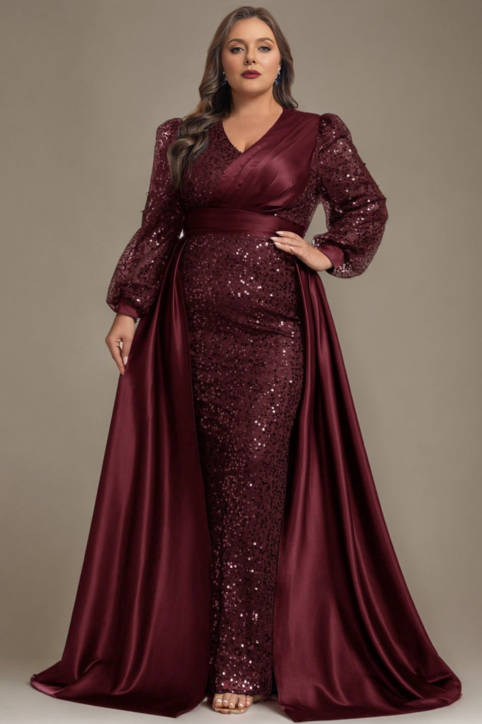 Curveins Plus Size Luxury Satin-Cape V-Neck Sequin Panel Long Sleeve Maxi Dress