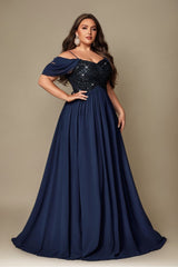 Curveins Plus Size Off-Shoulder Short Sleeve A-Line Maxi Dress