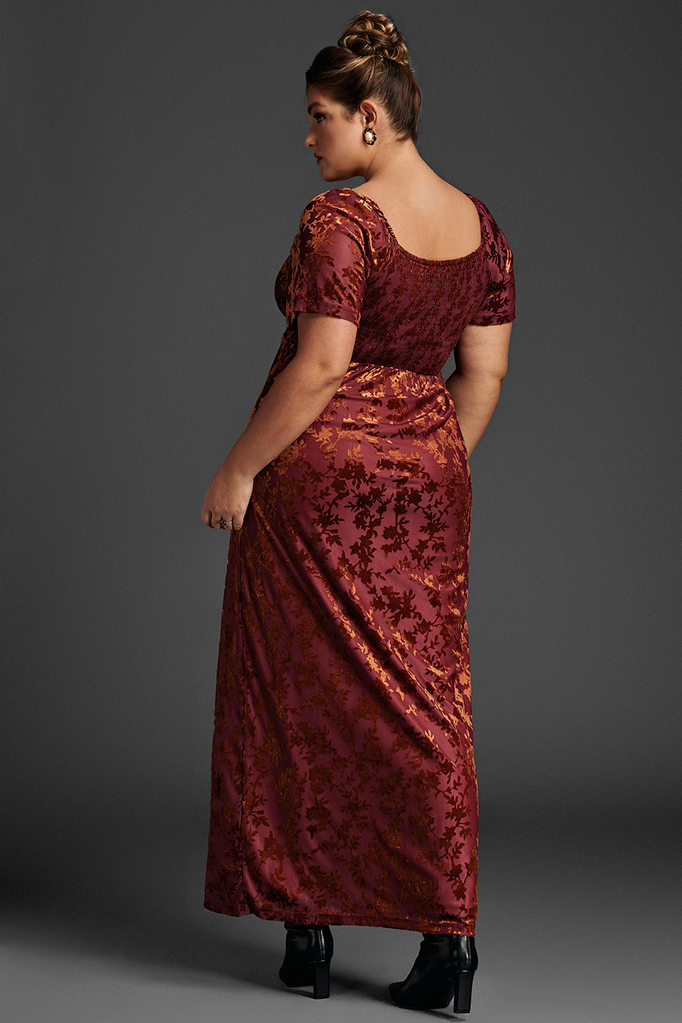 Curveins Plus Size Velvet Ruffle Sleeve Maxi Dress