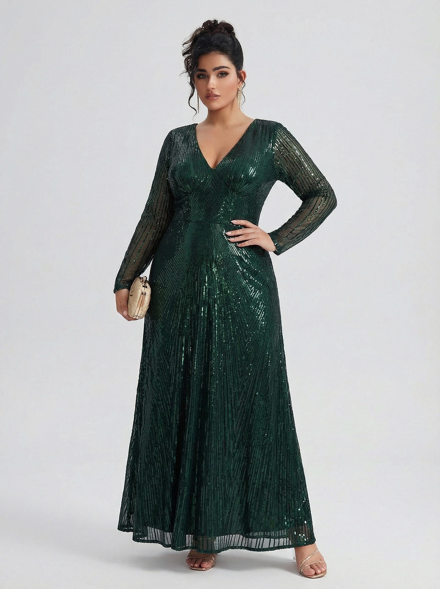 Curveins Plus Size V Neck Long Sleeve Sequin Maxi Dress