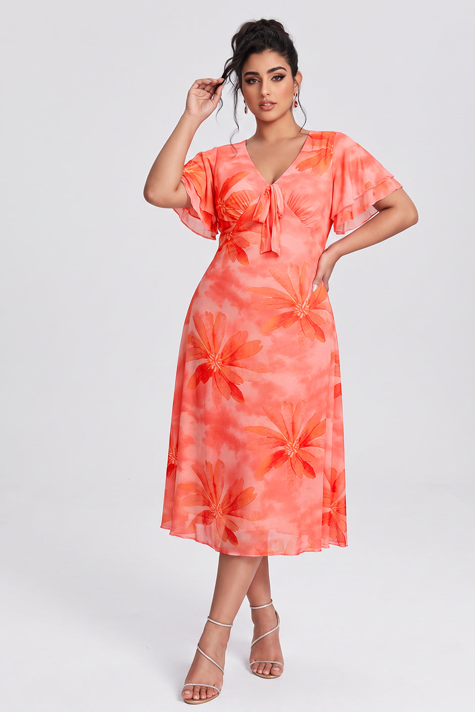 Curveins Plus Size V Neck Batwing Sleeve Flowy Elegant Midi Dress