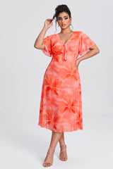 Curveins Plus Size V Neck Batwing Sleeve Flowy Elegant Midi Dress