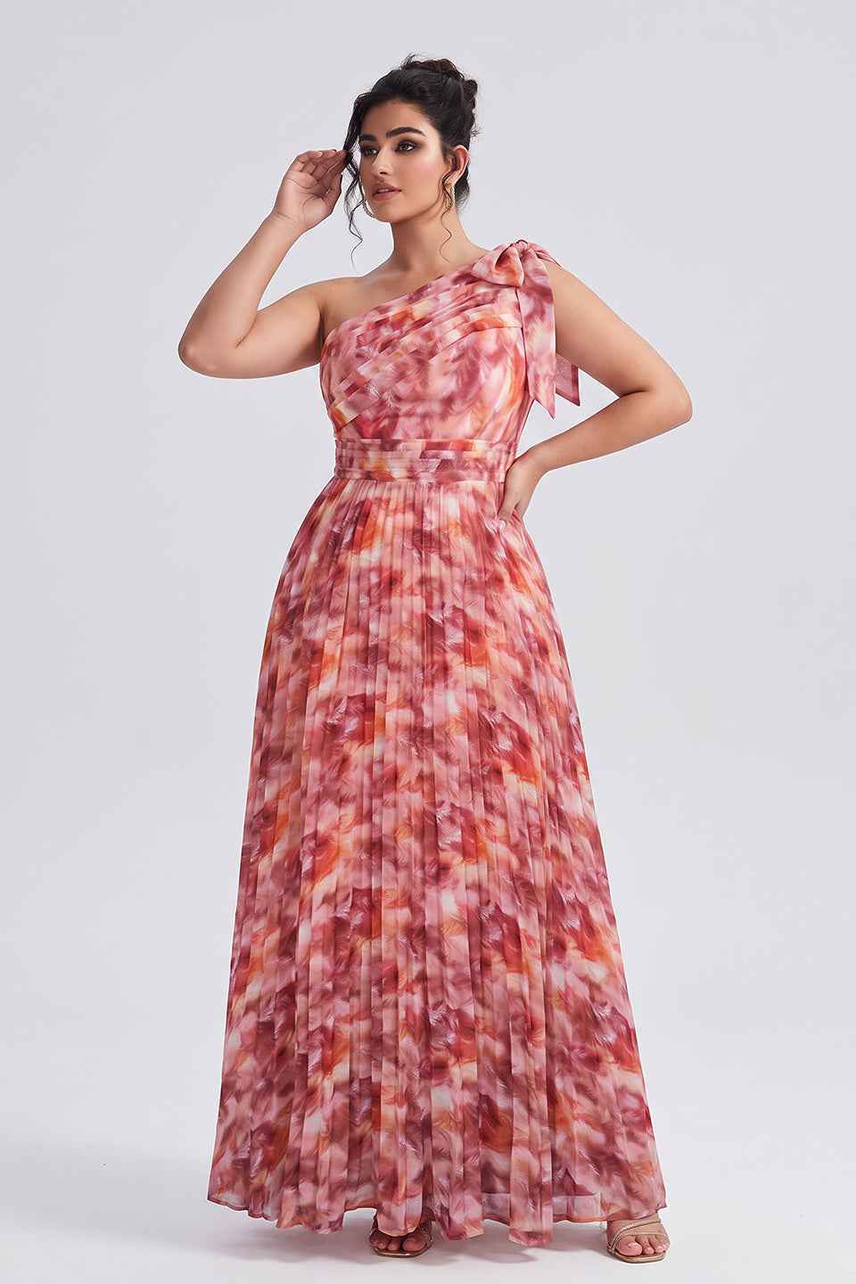 Curveins Plus Size One Shoulder Striped Cinched Waist Elegant Flowing Maxi Dress