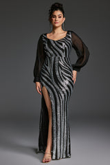 Curveins Plus Size V-Neck Sheer Sleeve Striped Sequin Bodycon Maxi Dress With Slit