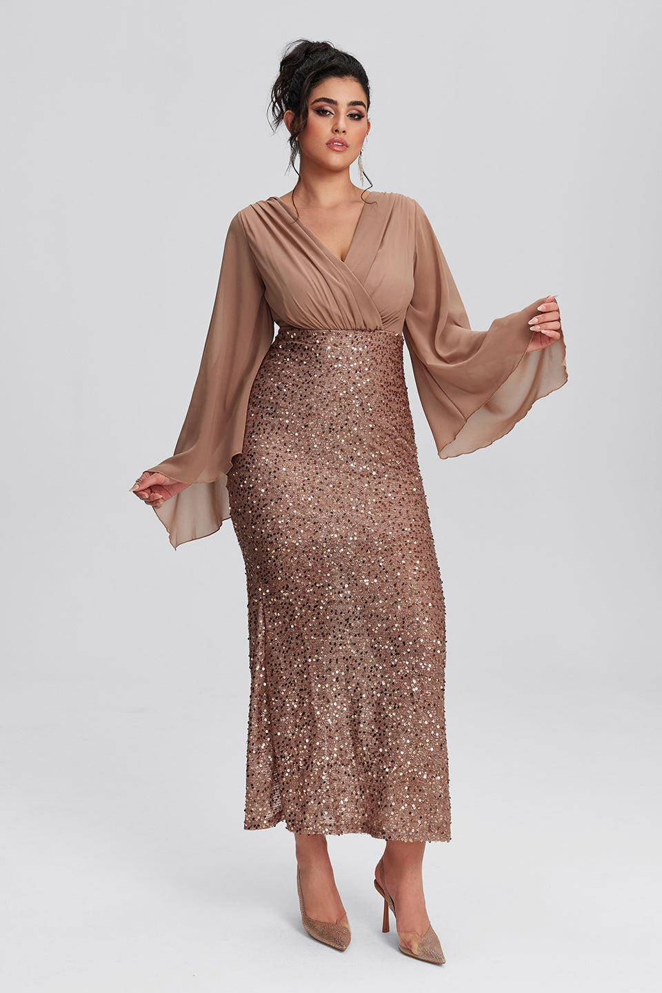 Curveins Plus Size Hem Sequin Asymmetrical Sleeve V-neck Maxi Dress