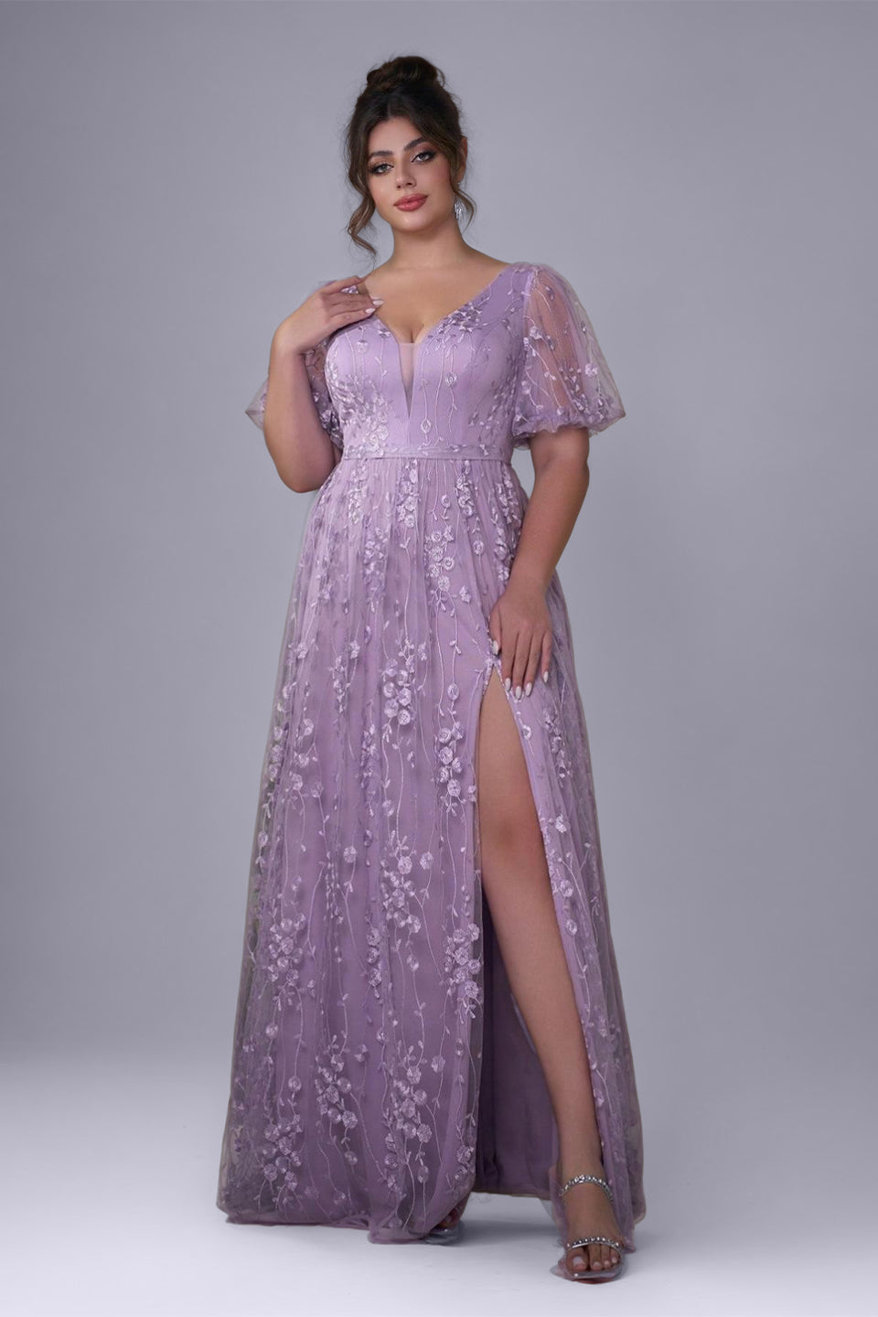 Curveins Plus Size Floral Embroidery V-Neck Puff Sleeve Side-Slit Maxi Dress