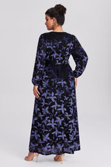 Curveins Plus Size V Neck Long Sleeve Maple Leaf Velvet Waist Tie Maxi Dress