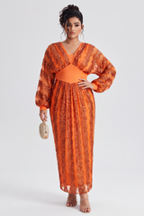Curveins Plus Size V-Neck Sequin Balloon Sleeve Back-Slit Elegant Evening Maxi Dress