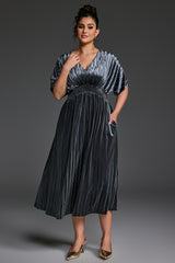 Curveins Plus Size V-Neck Batwing Sleeve Pleated A-Line Velvet Maxi Dress