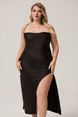 Curveins Plus Size Backless Split Cami Dress with Waist Bow, Elegant Chic Evening Wear