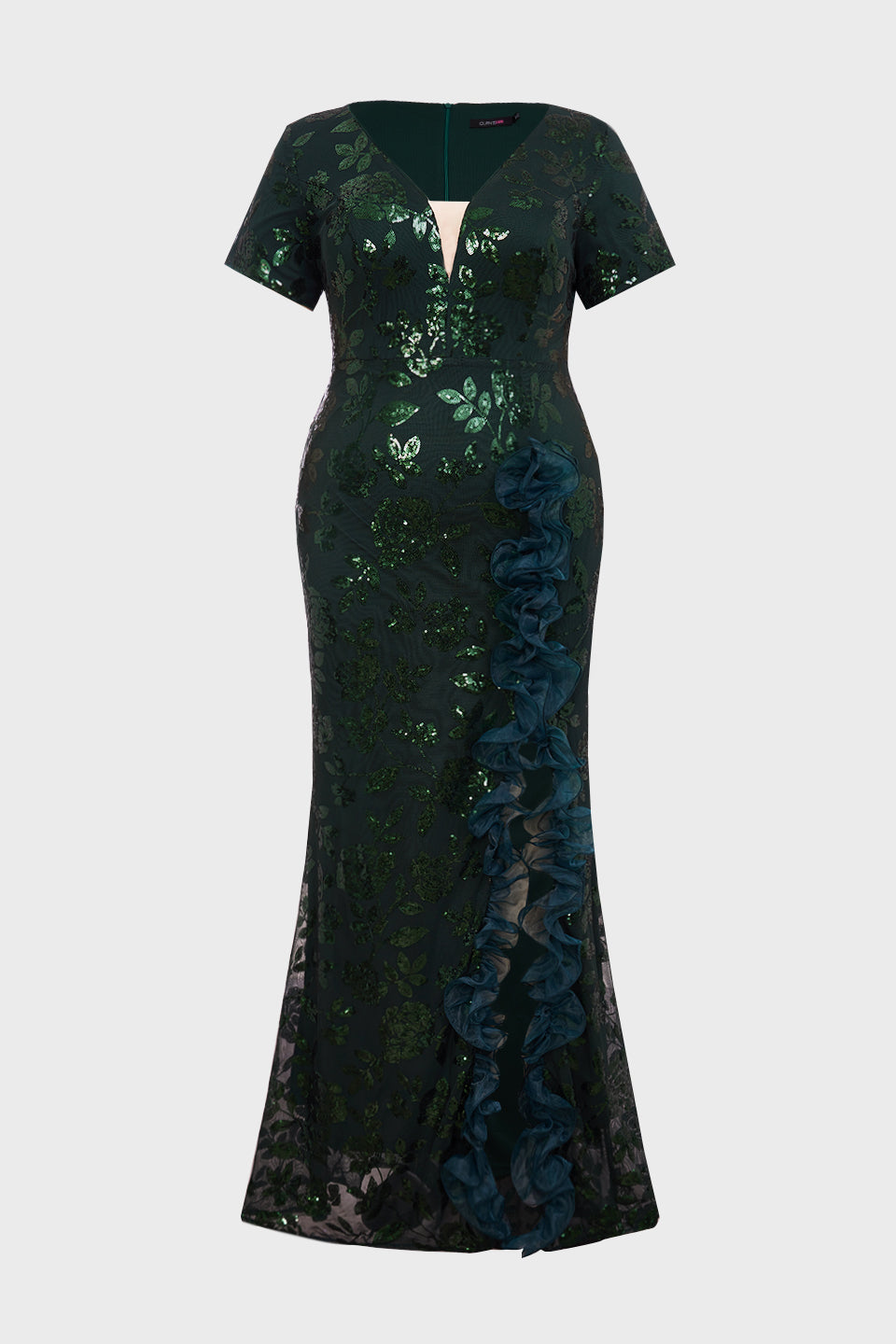 Curveins Plus Size V Neck Short Sleeve Sequin High Slit 3D Flower Bodycon Maxi Dress