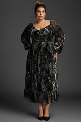 Curveins Plus Size Velvet Draped Collar Embroidered Ruched Long Dress