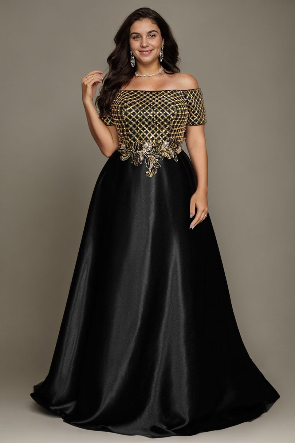 Curveins Chic Plus Size Off-Shoulder Sheer Patchwork Maxi Gown