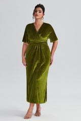 Curveins Plus Size Elegant Velvet V-Neck Shirred Maxi Dress