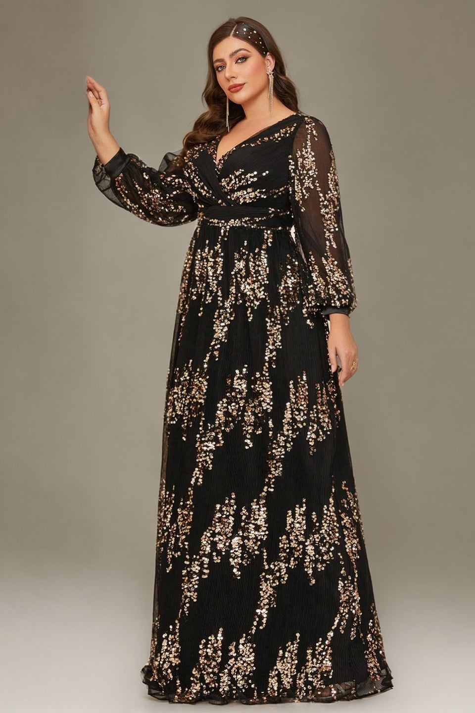 Curveins Plus Size Sequin V-Neck Lantern Sleeve Formal Party Maxi Dress