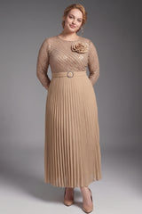Curveins Plus Size Chic Round Neck Ruched Detail Long Sleeve Maxi Dress
