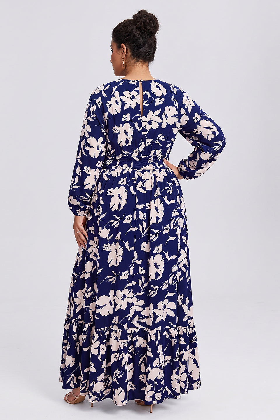 Curveins Plus Size V Neck Long Sleeve Printed Waist Defined Elegant Casual Maxi Dress
