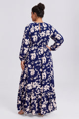 Curveins Plus Size V Neck Long Sleeve Printed Waist Defined Elegant Casual Maxi Dress