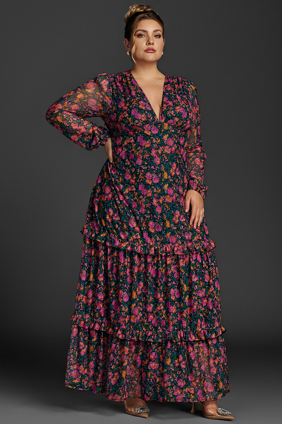 Curveins Plus Size Floral Print Lantern Sleeve Tiered Maxi Dress