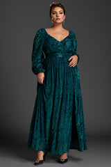 Curveins Plus Size Velvet Lantern Sleeve Plain Maxi Dress