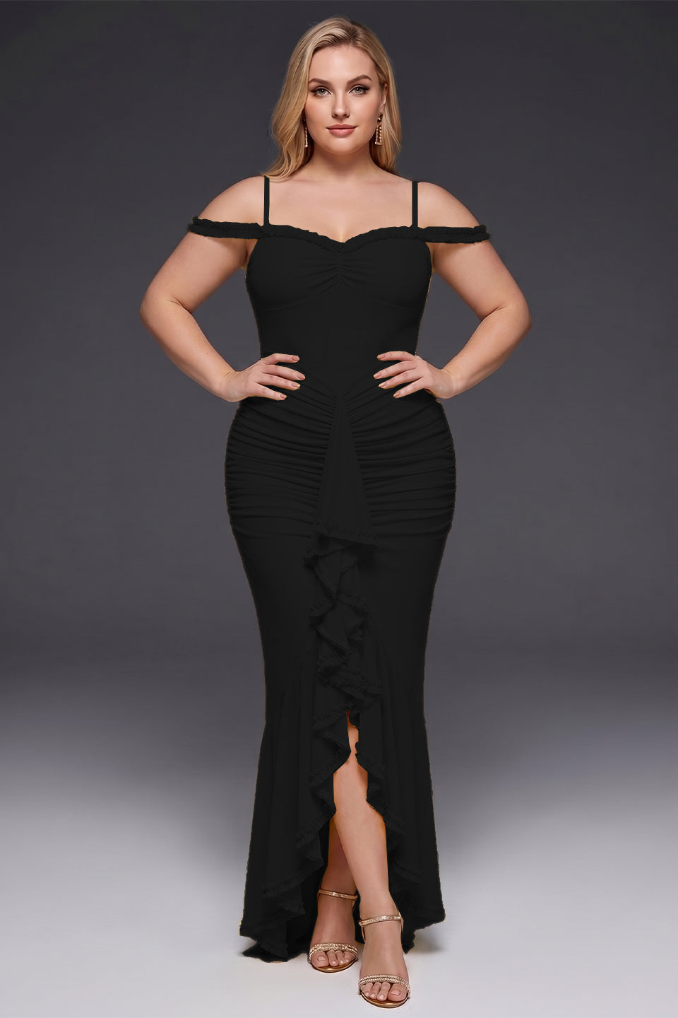 Curveins Plus Size Off Shoulder Strap Maxi Dress with Asymmetrical Hem Elegant Style