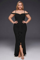 Curveins Plus Size Off Shoulder Strap Maxi Dress with Asymmetrical Hem Elegant Style