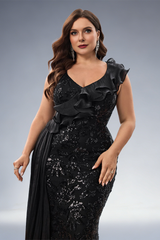 Curveins Plus Size V-Neck Sequin Detail Ruffle Sleeve Body-Fit Maxi Dress