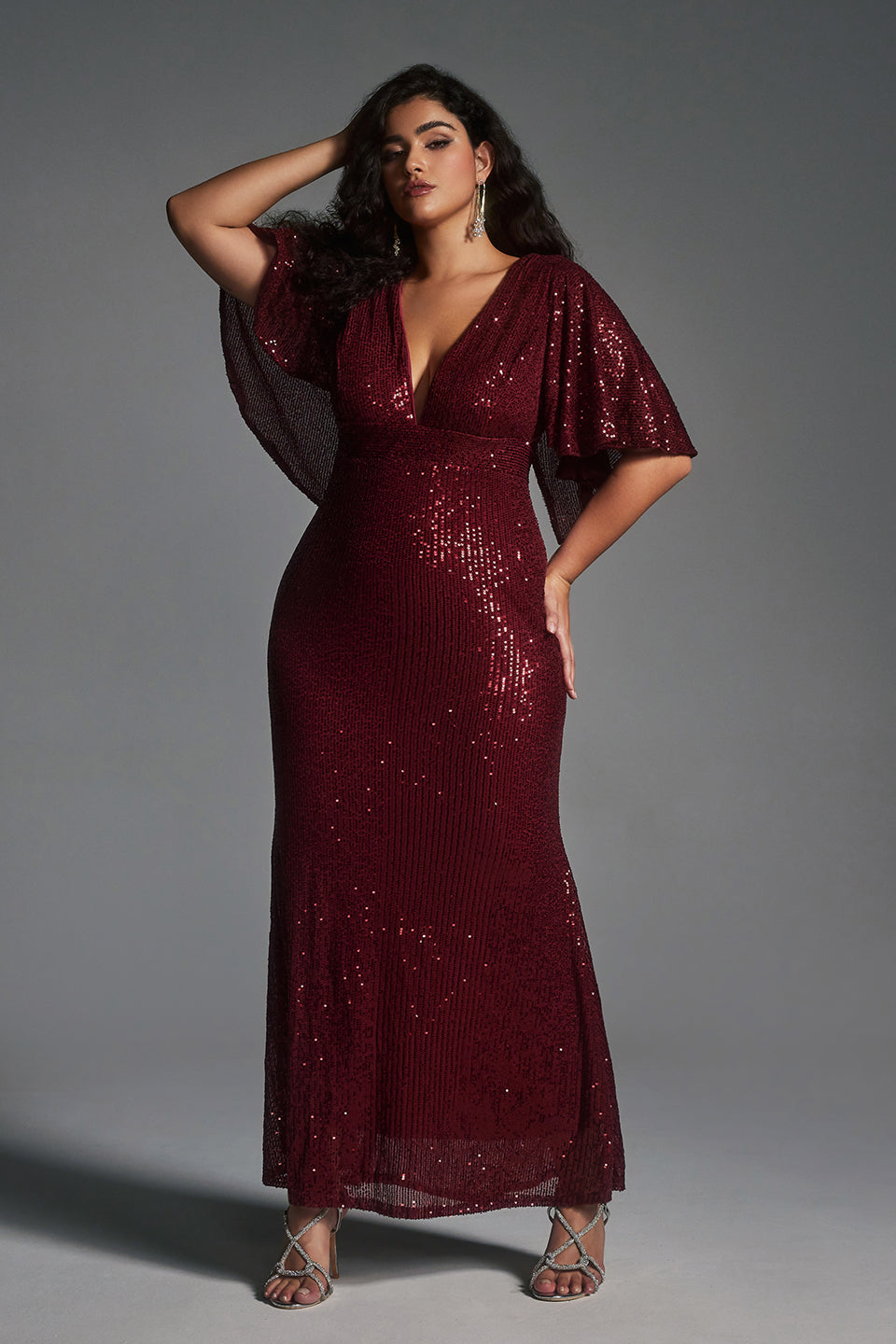 Curveins Plus Size Batwing Sleeve Sequin Sexy Bodycon Maxi Dress