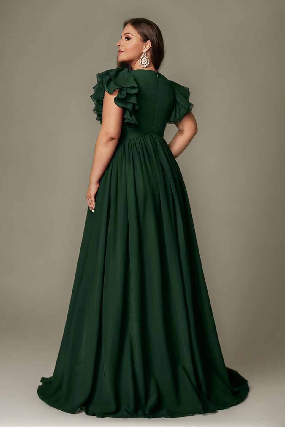 Curveins Plus Size V-Neck Ruffle Sleeve Split A-Line Maxi Dress