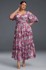 Curveins Plus Size V-Neck Flower Print Pleated Maxi Dress