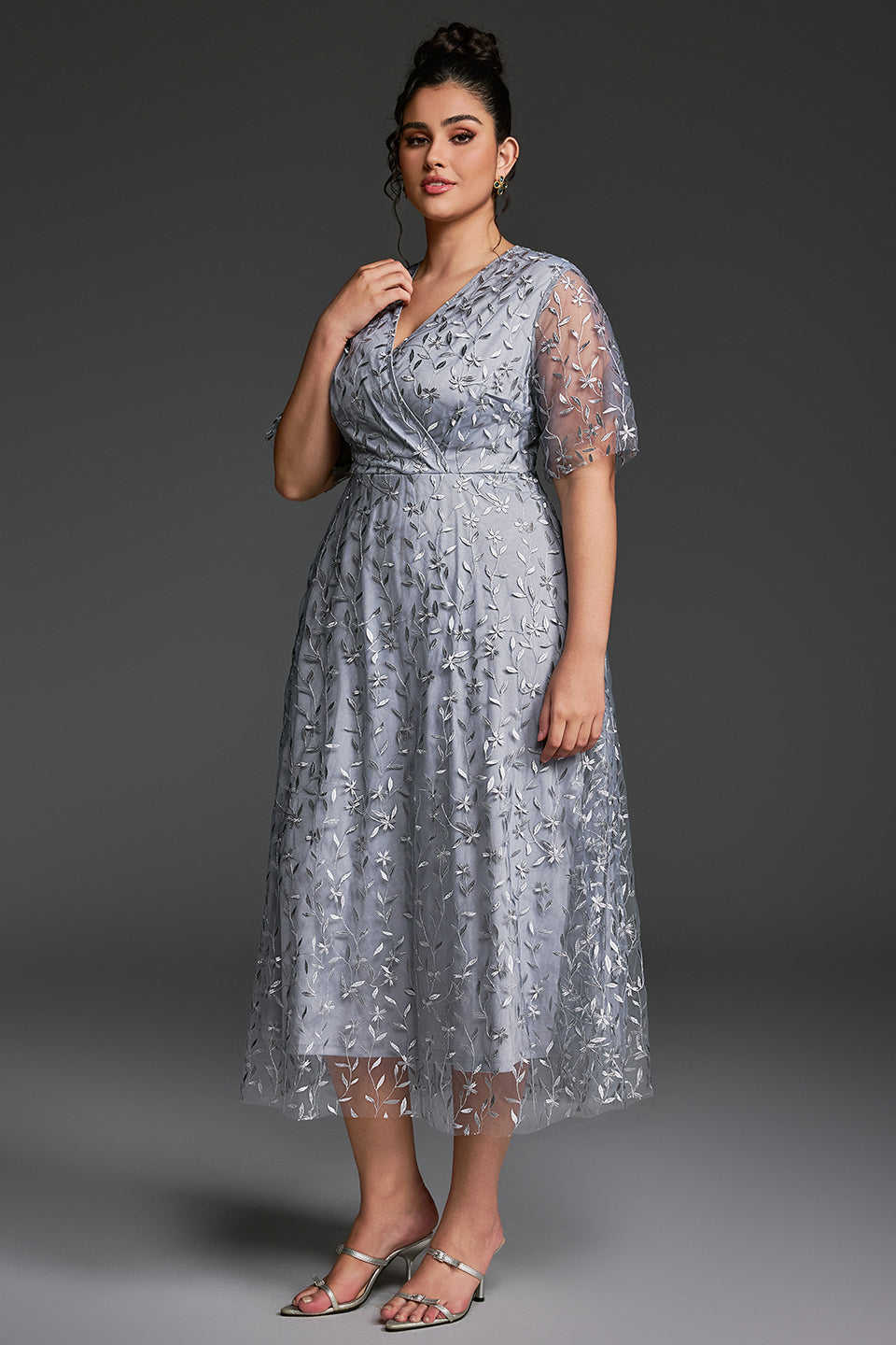 Curveins Plus Size V-Neck Ruffle Sleeve Embroidered Maxi Dress