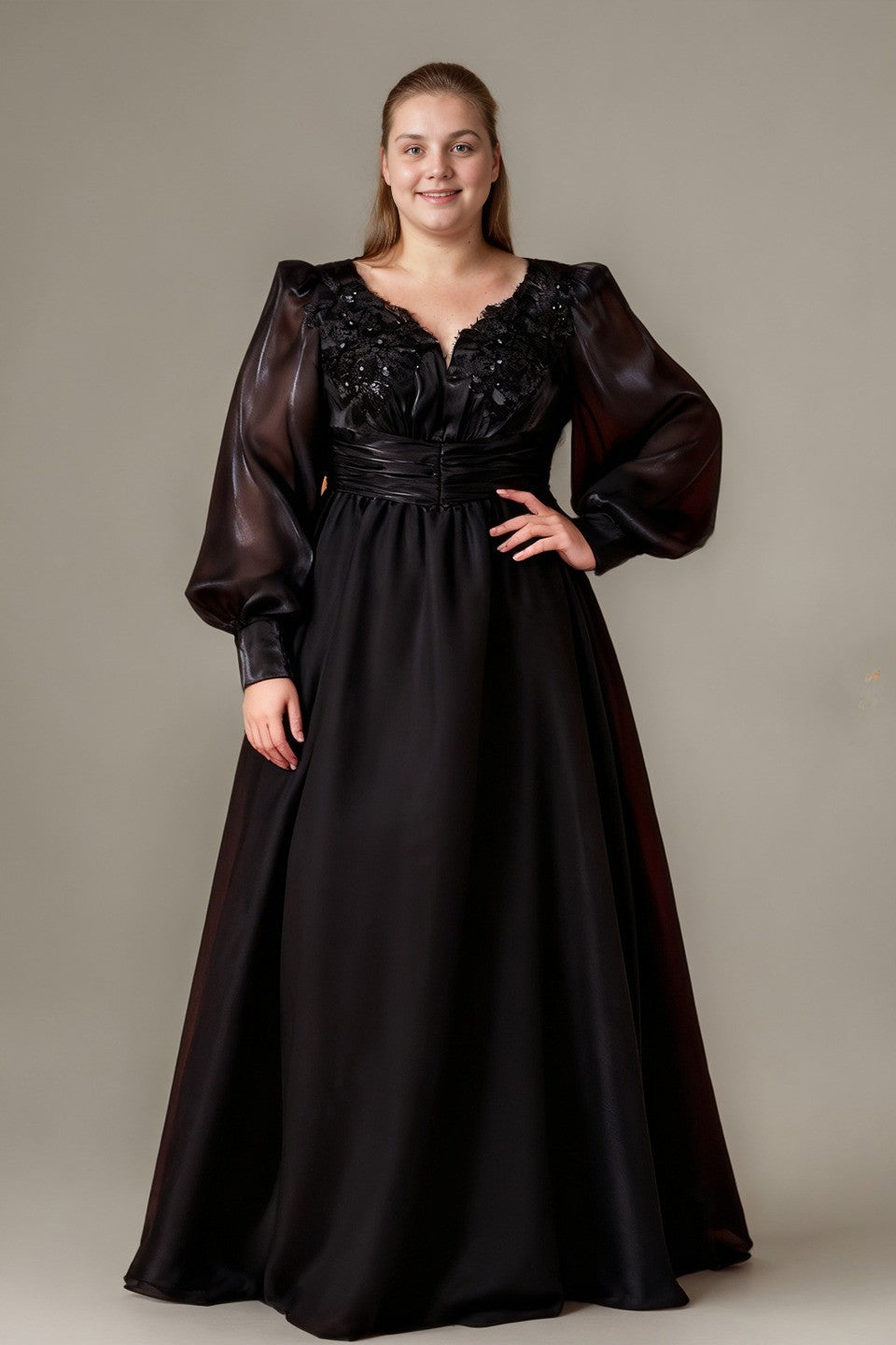 Curveins Plus Size V-Neck Lantern Sleeve Flowy A-Line Maxi Dress