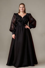 Curveins Plus Size V-Neck Lantern Sleeve Flowy A-Line Maxi Dress