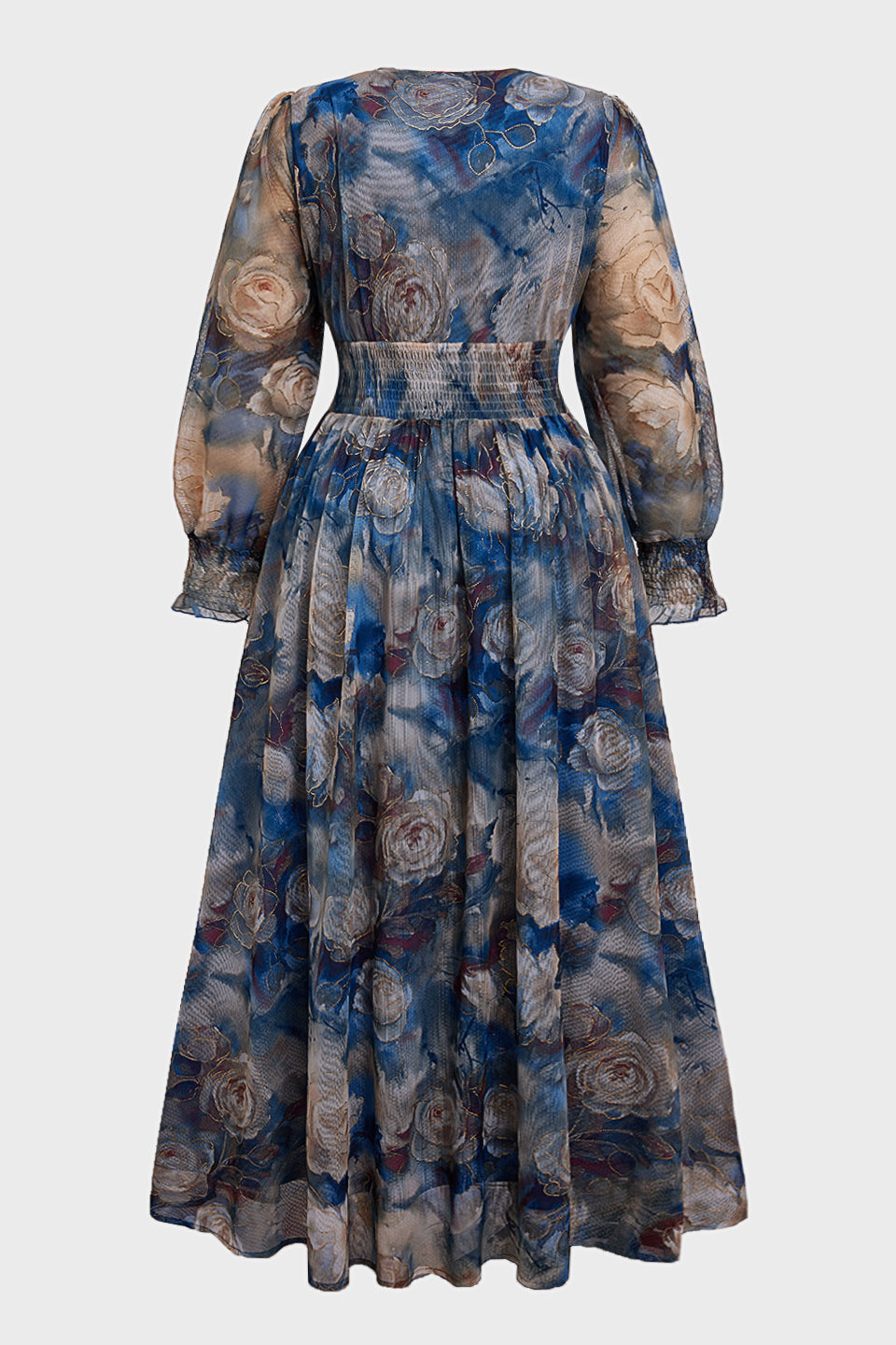 Curveins Plus Size V Neck Long Sleeve Floral Waist Maxi Dress