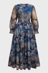Curveins Plus Size V Neck Long Sleeve Floral Waist Maxi Dress