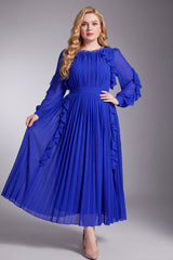Curveins Plus Size Elegant Round Neck Long Sleeve Ruched Waist Slim Fit Evening Maxi Dress