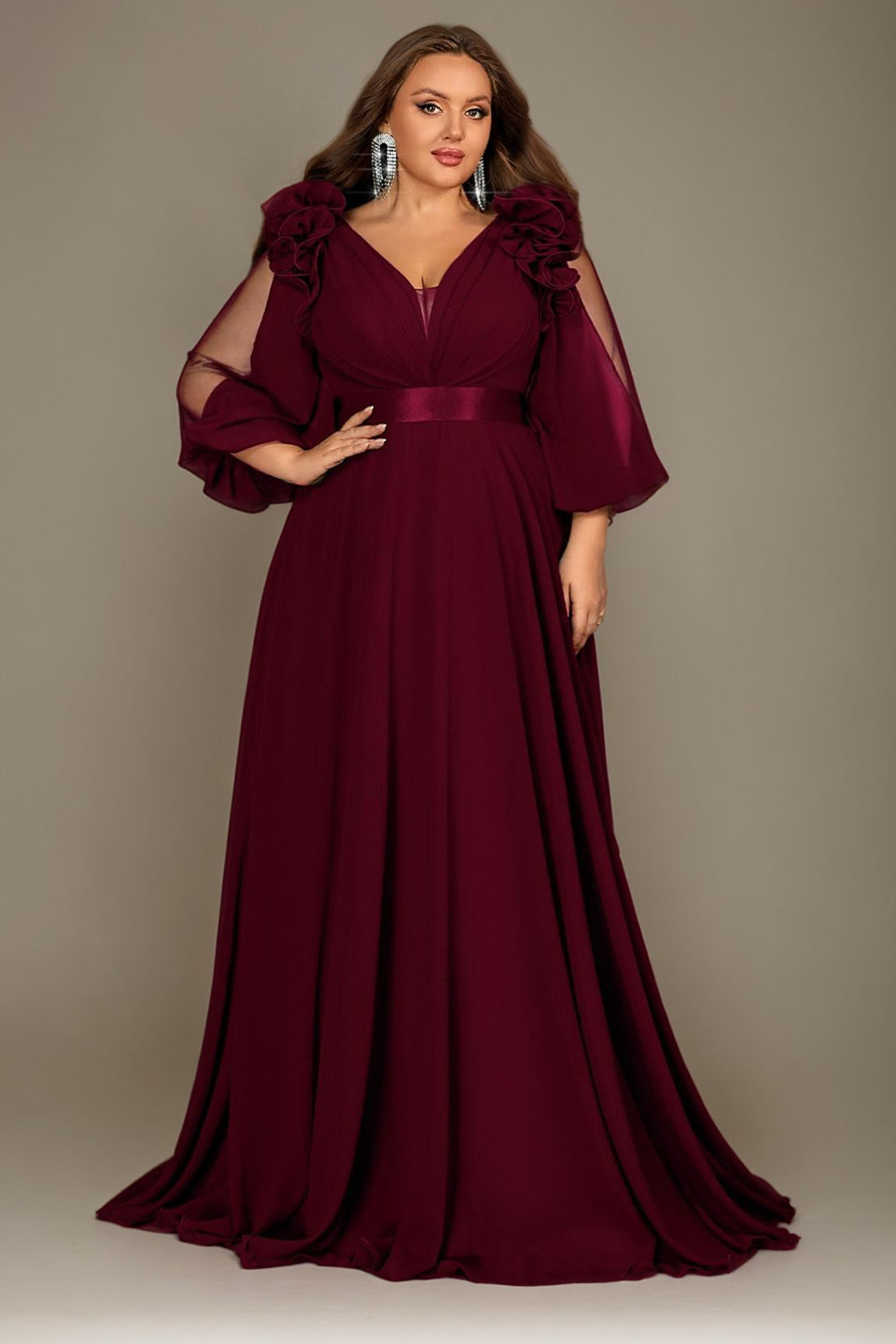 Curveins Plus Size Elegant V-Neck Batwing Sleeve Waist-Hugging Long Dress